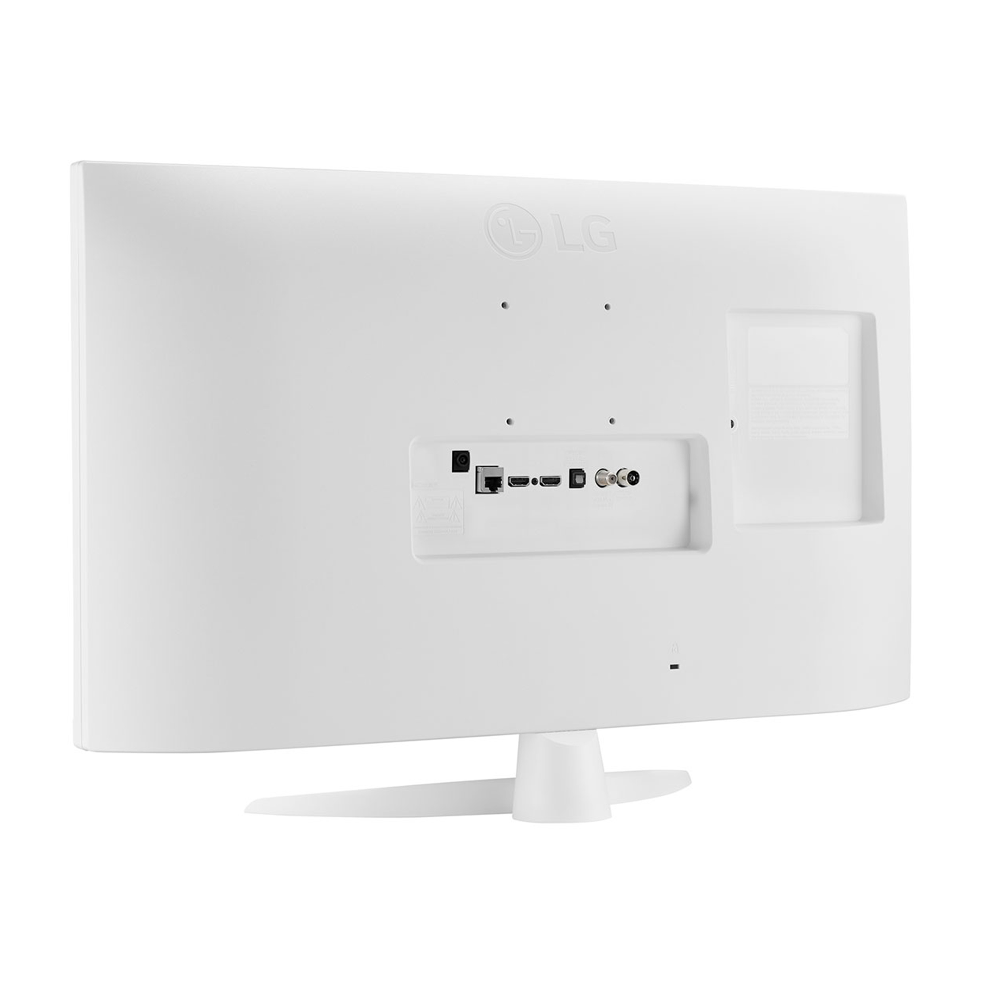 Parte trasera de un televisor LG blanco con puertos y un soporte. El televisor está sobre un fondo blanco.