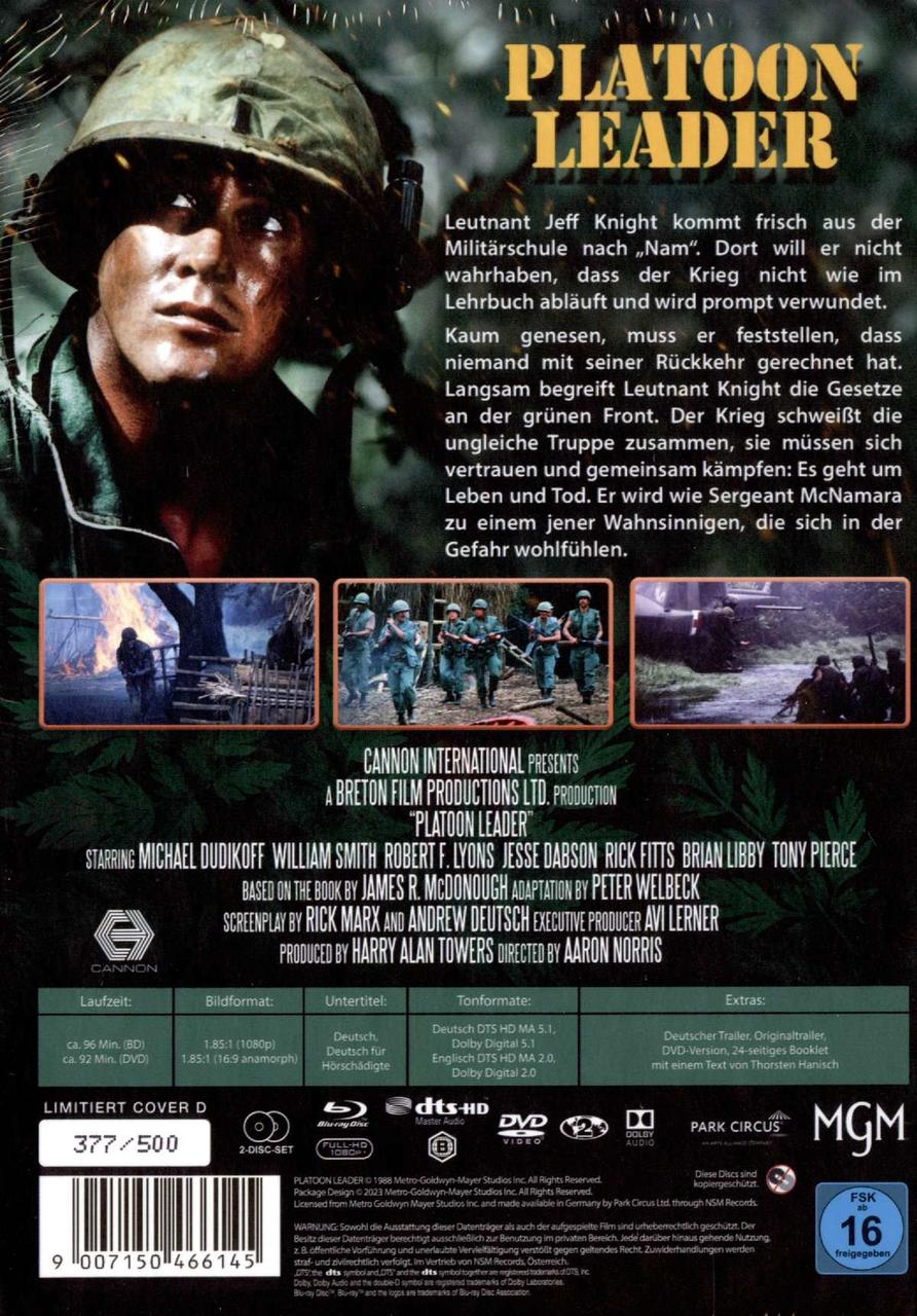 Filmcover für 'Platoon Leader'. Ein Soldat mit Helm und eine Reihe von Bildern aus dem Film.