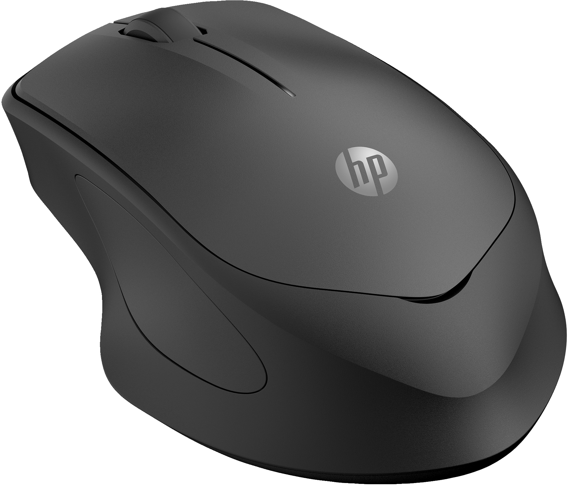 Une souris HP noire avec un logo HP argenté, avec un design incurvé pour une utilisation ergonomique.