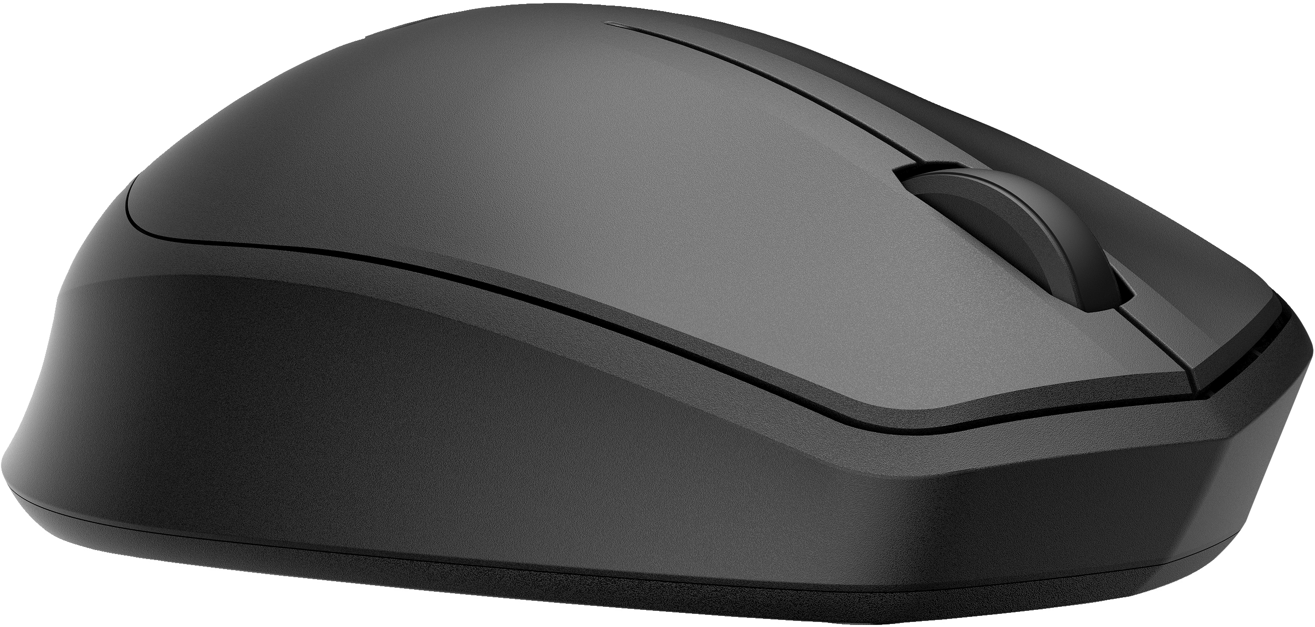 Une souris d'ordinateur noire avec une molette et un design incurvé.