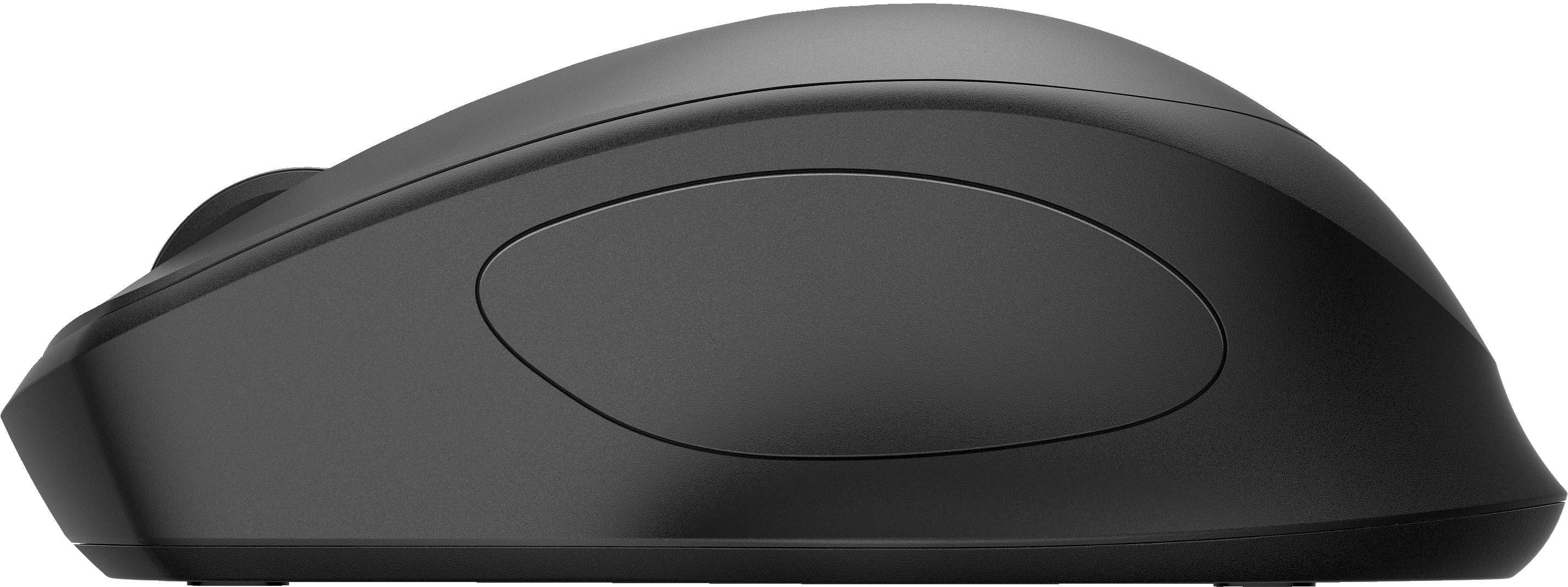 Souris sans fil noire, vue latérale. Design simple et incurvé avec une molette de défilement.