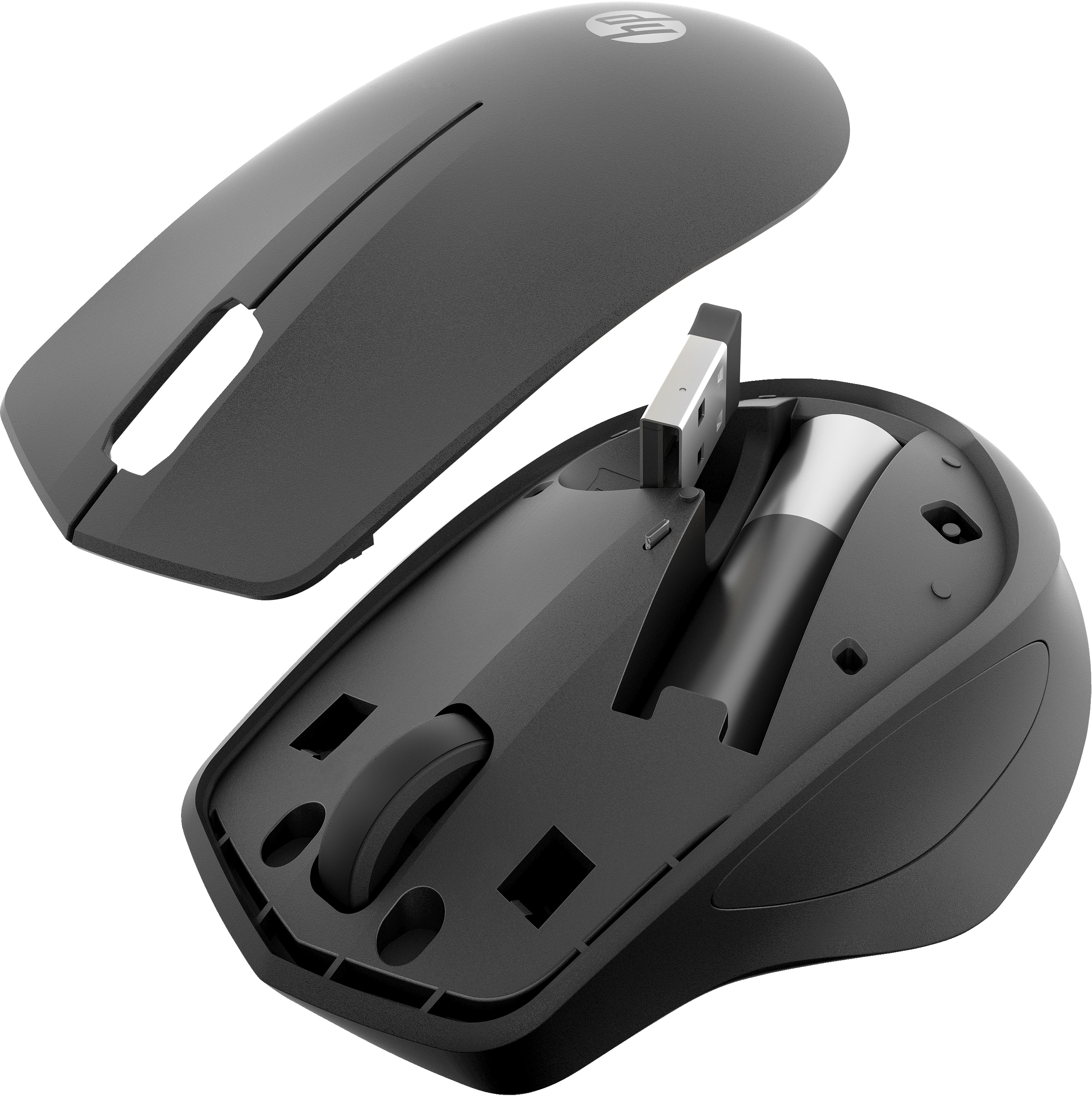 Souris noire avec le dessus retiré, révélant une batterie et un récepteur USB.