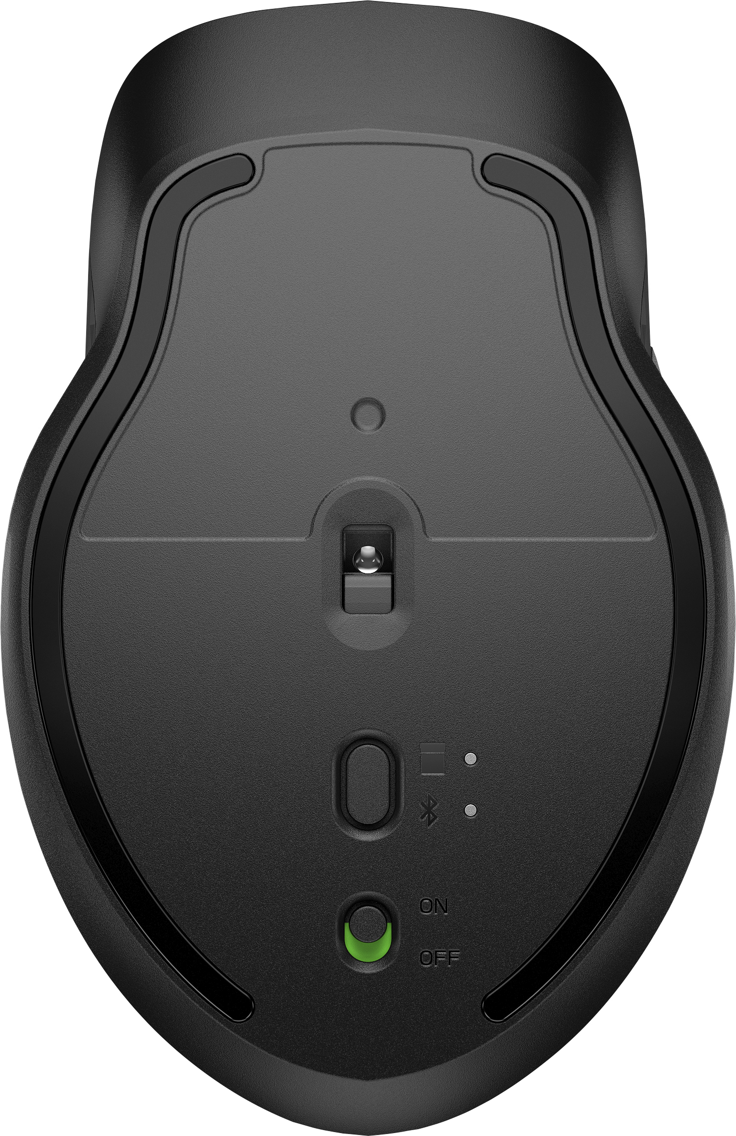 Un mouse per computer nero visto dal basso, che mostra pulsanti, una porta di ricarica e Bluetooth.