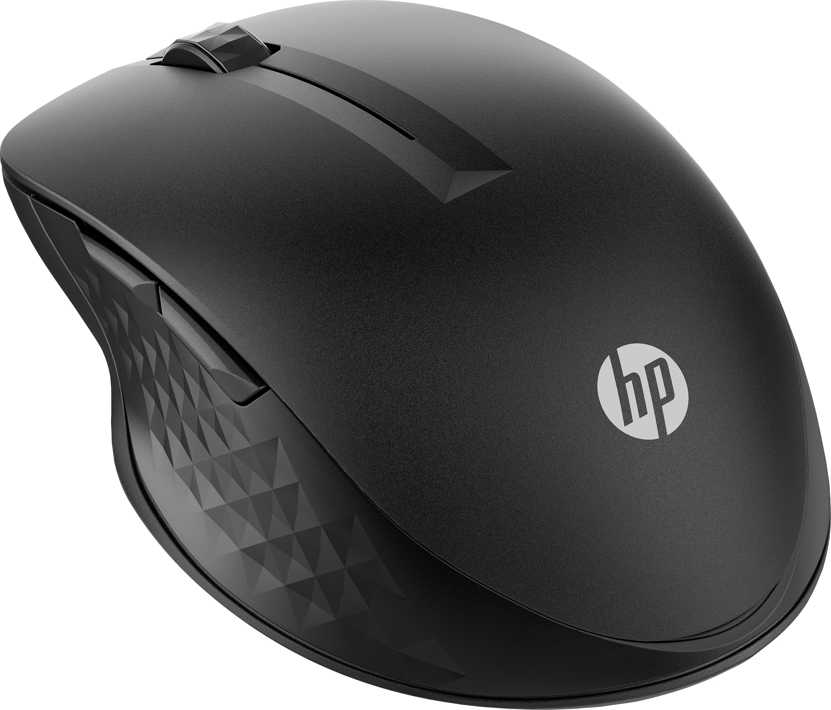 Mouse wireless HP nero con rotella di scorrimento e logo HP.