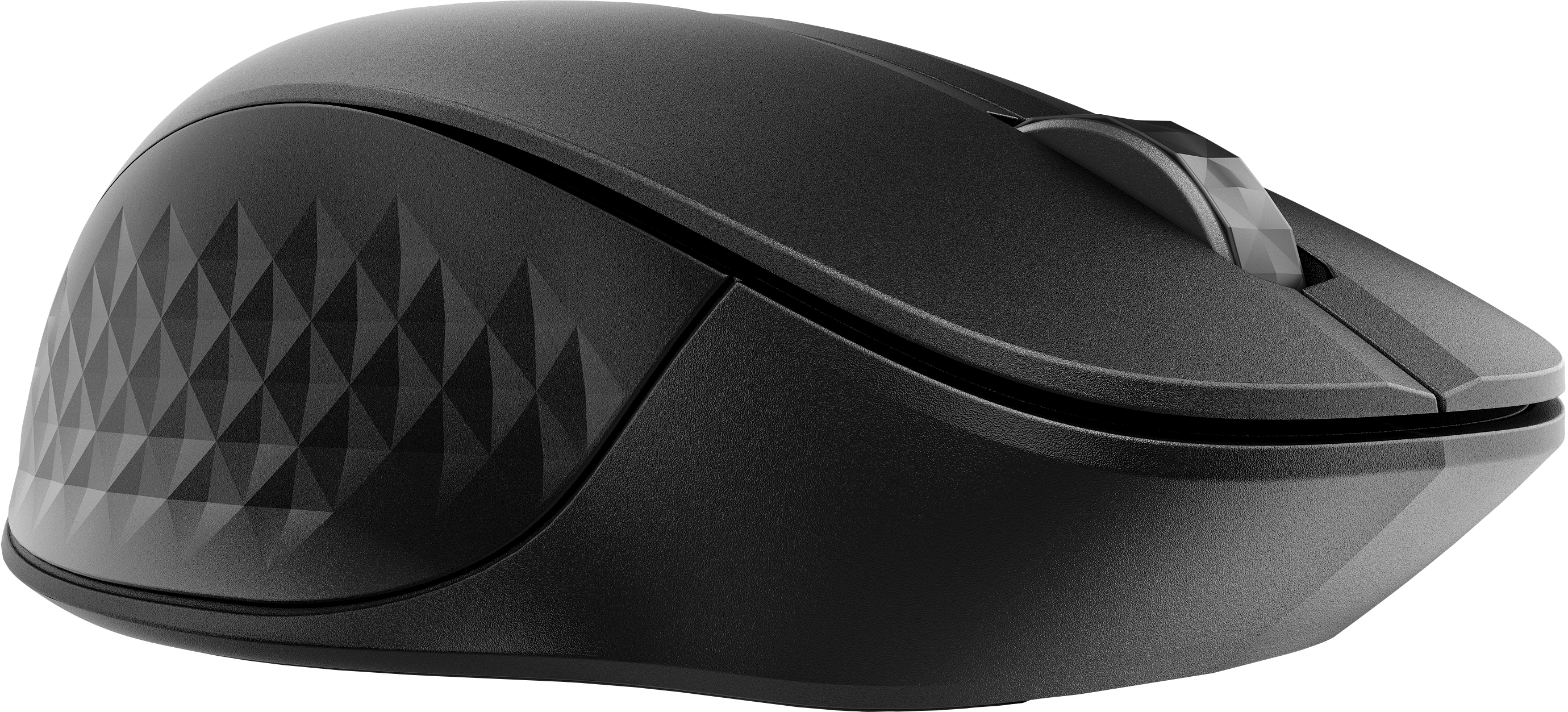 Mouse per computer nero con design strutturato e rotella di scorrimento argentata.