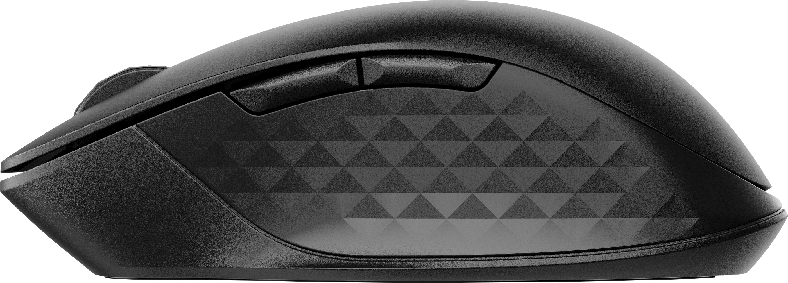 Mouse wireless nero. Il lato ha un motivo a diamante. Ha due pulsanti e una rotella di scorrimento.