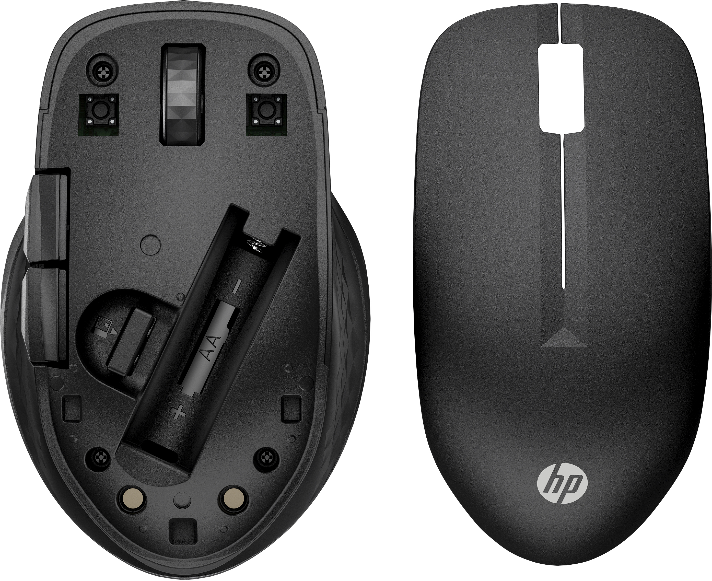 Mouse nero e grigio, vista inferiore con vano batteria e vista dall'alto.