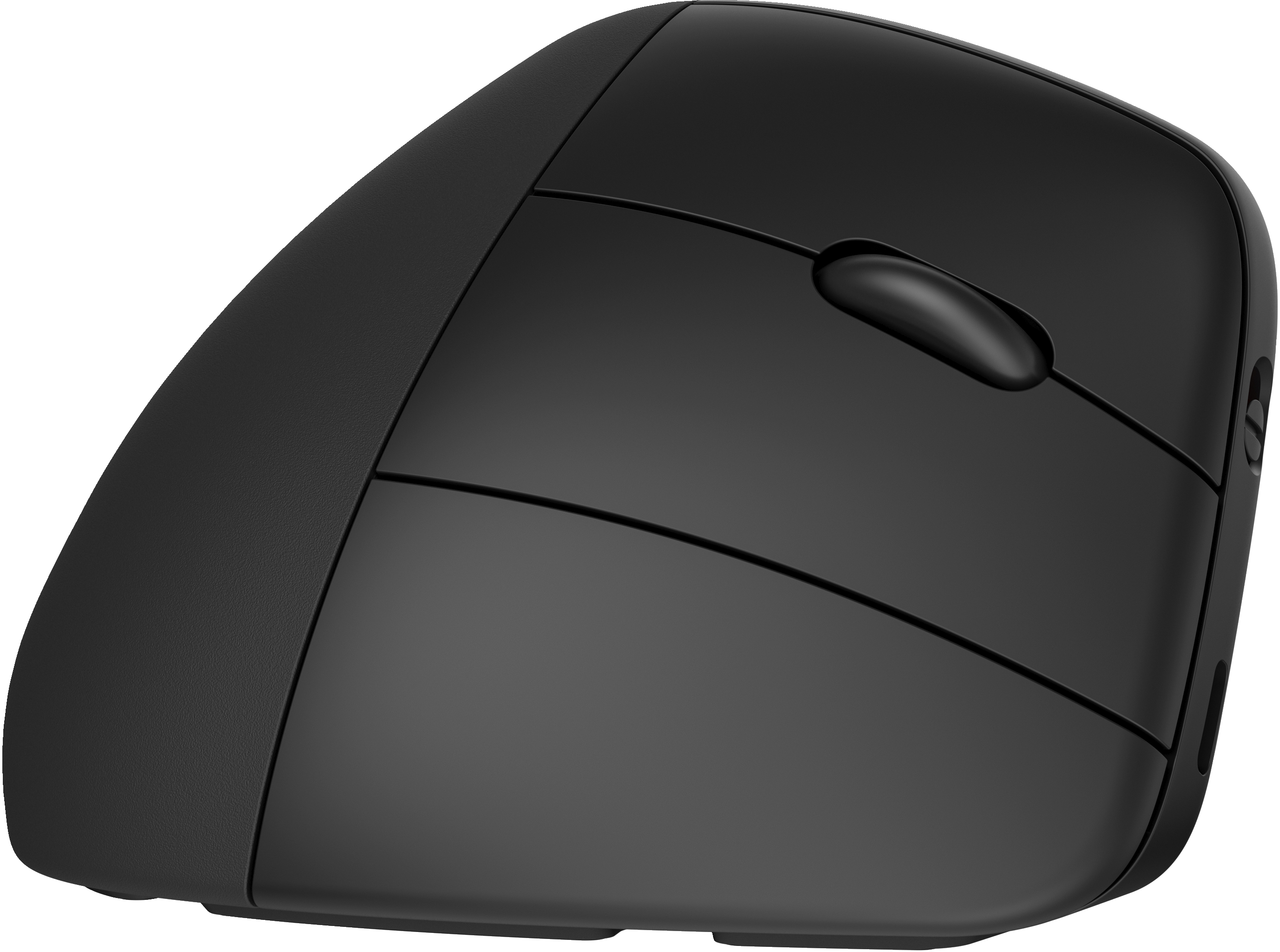 Schwarze ergonomische Maus mit Tasten und einem Scrollrad.