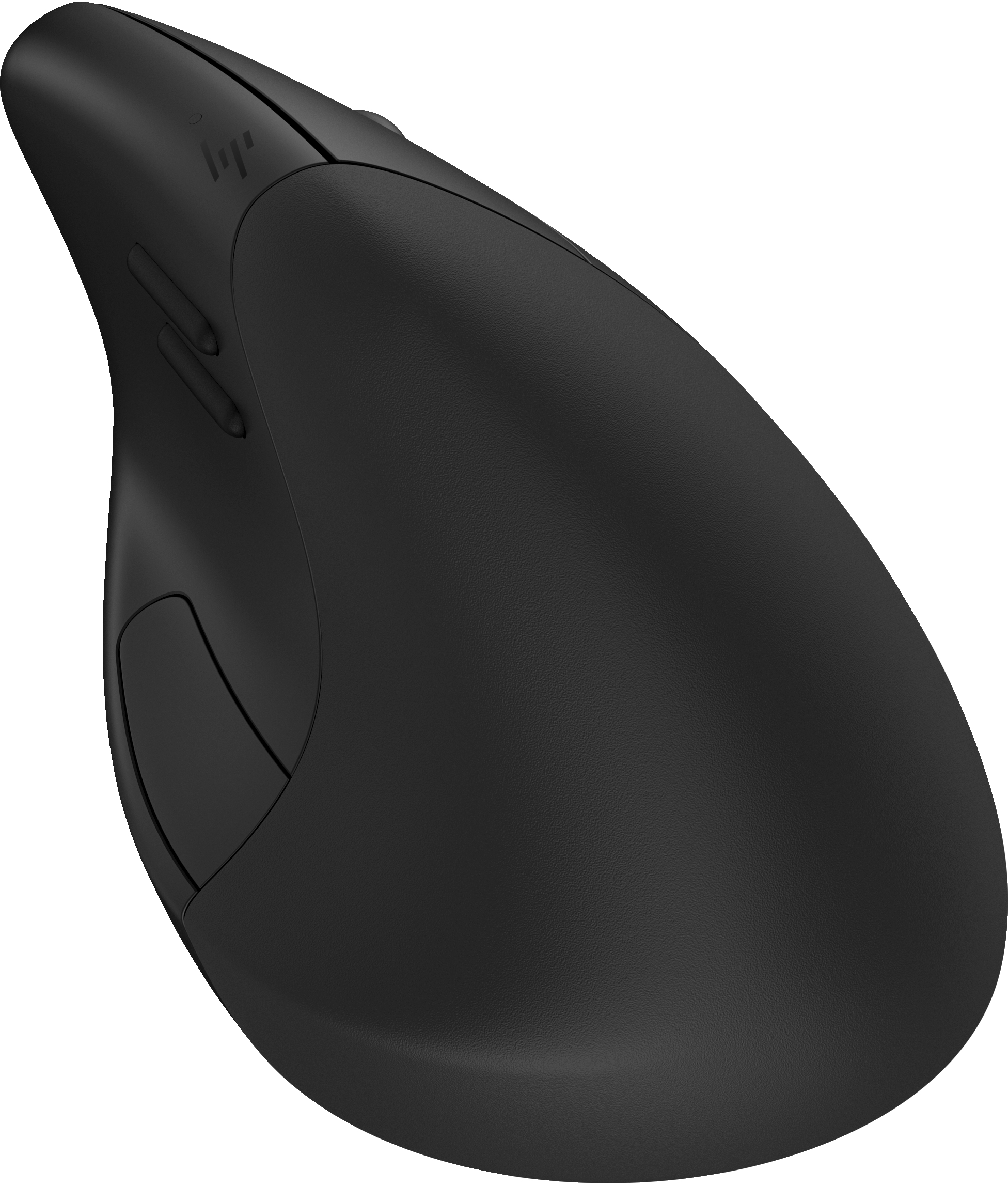 Schwarze ergonomische Maus. Sie hat eine einzigartige Form mit mehreren Tasten und einem Logo.