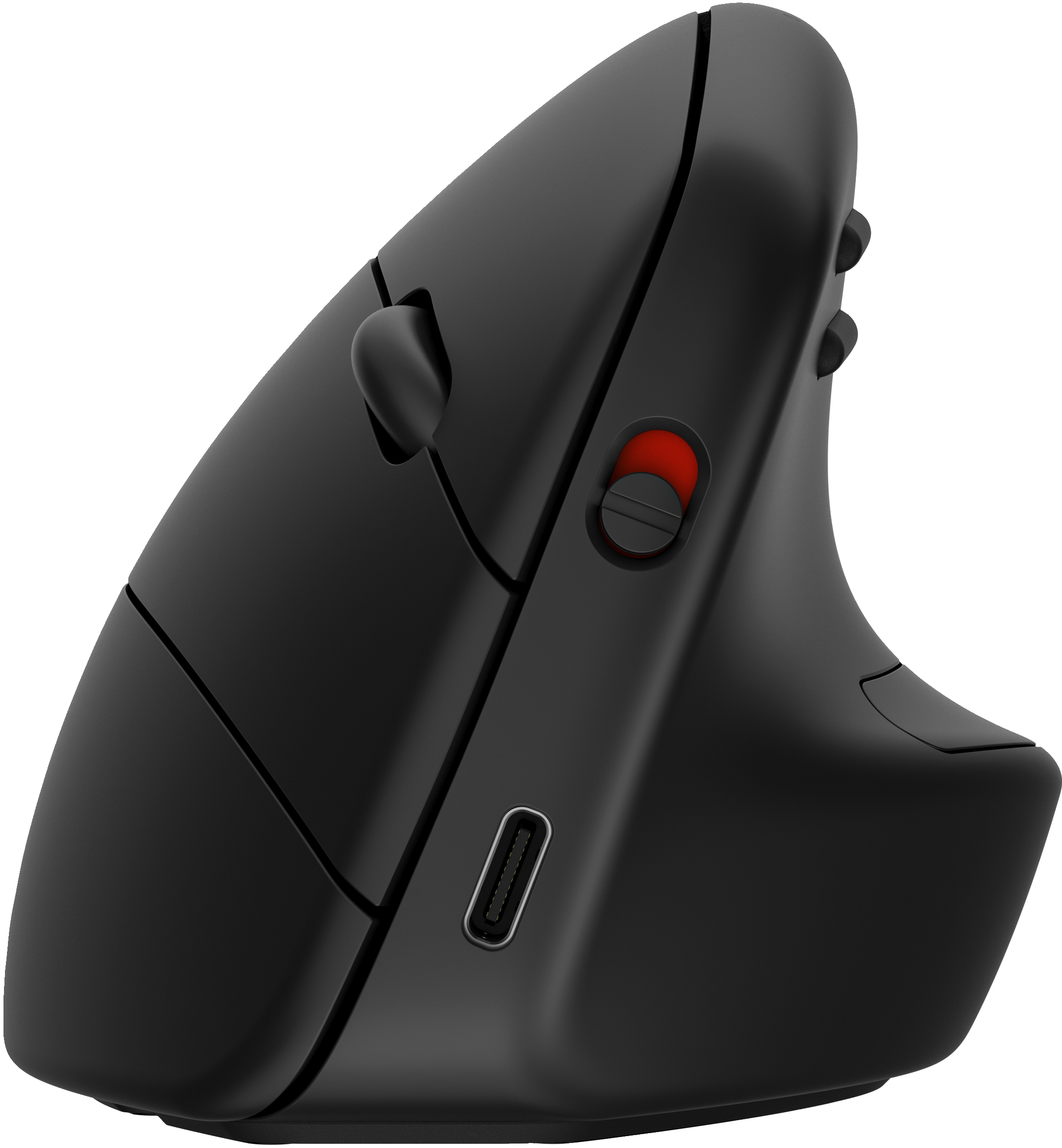 Schwarze ergonomische Maus mit roter Taste, abgewinkeltes Design. USB-C-Anschluss sichtbar. Seitentasten vorhanden.