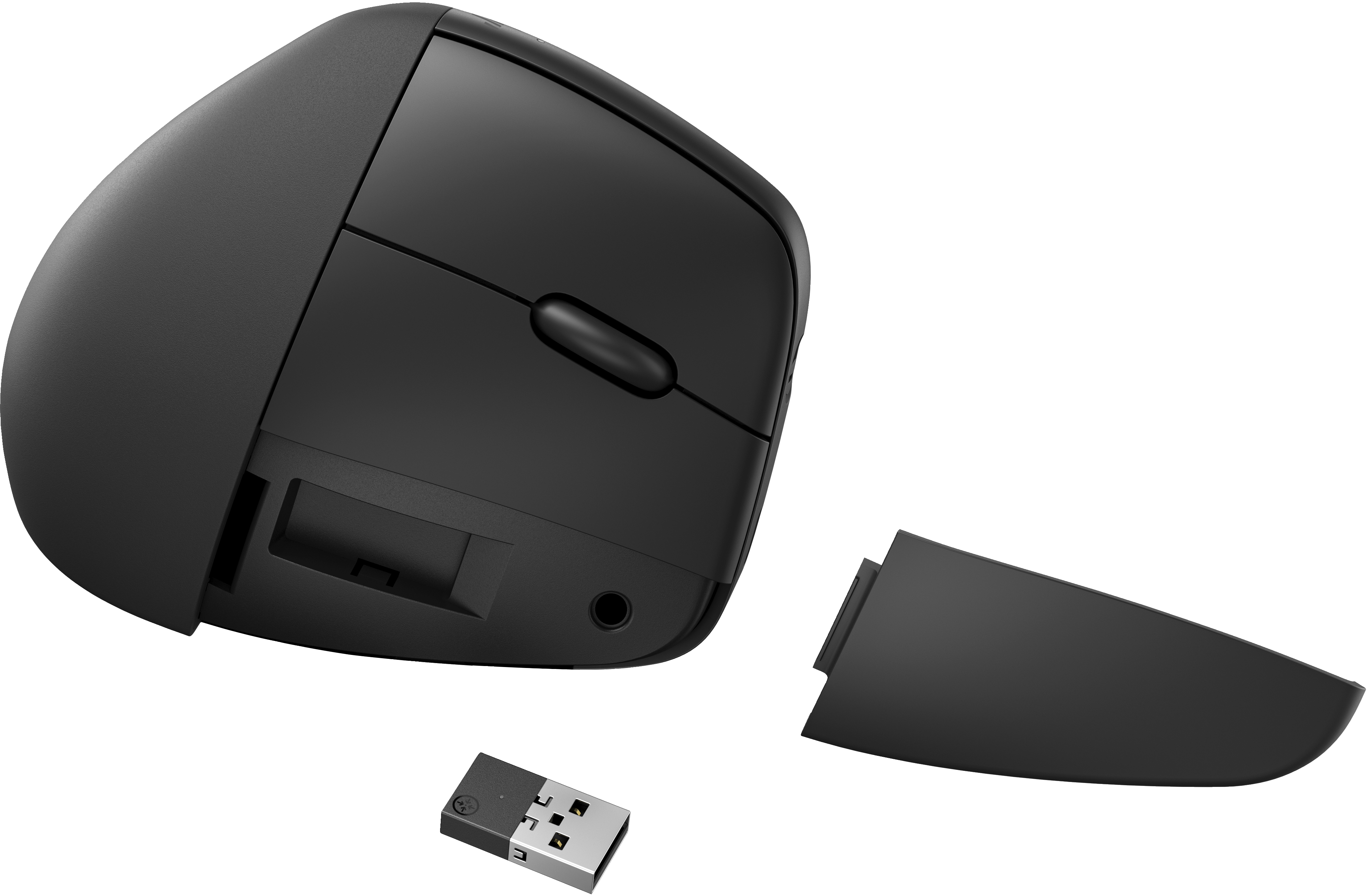 Schwarze ergonomische Maus mit drahtlosem USB-Empfänger, abgetrennte Seite.