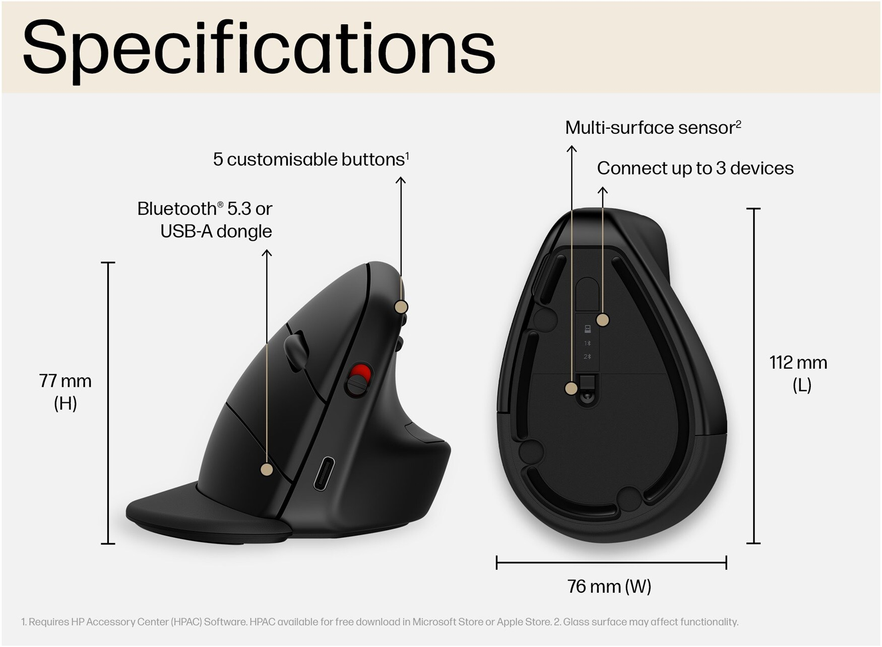 Ergonomische schwarze Maus, Abmessungen und Funktionen werden gezeigt.