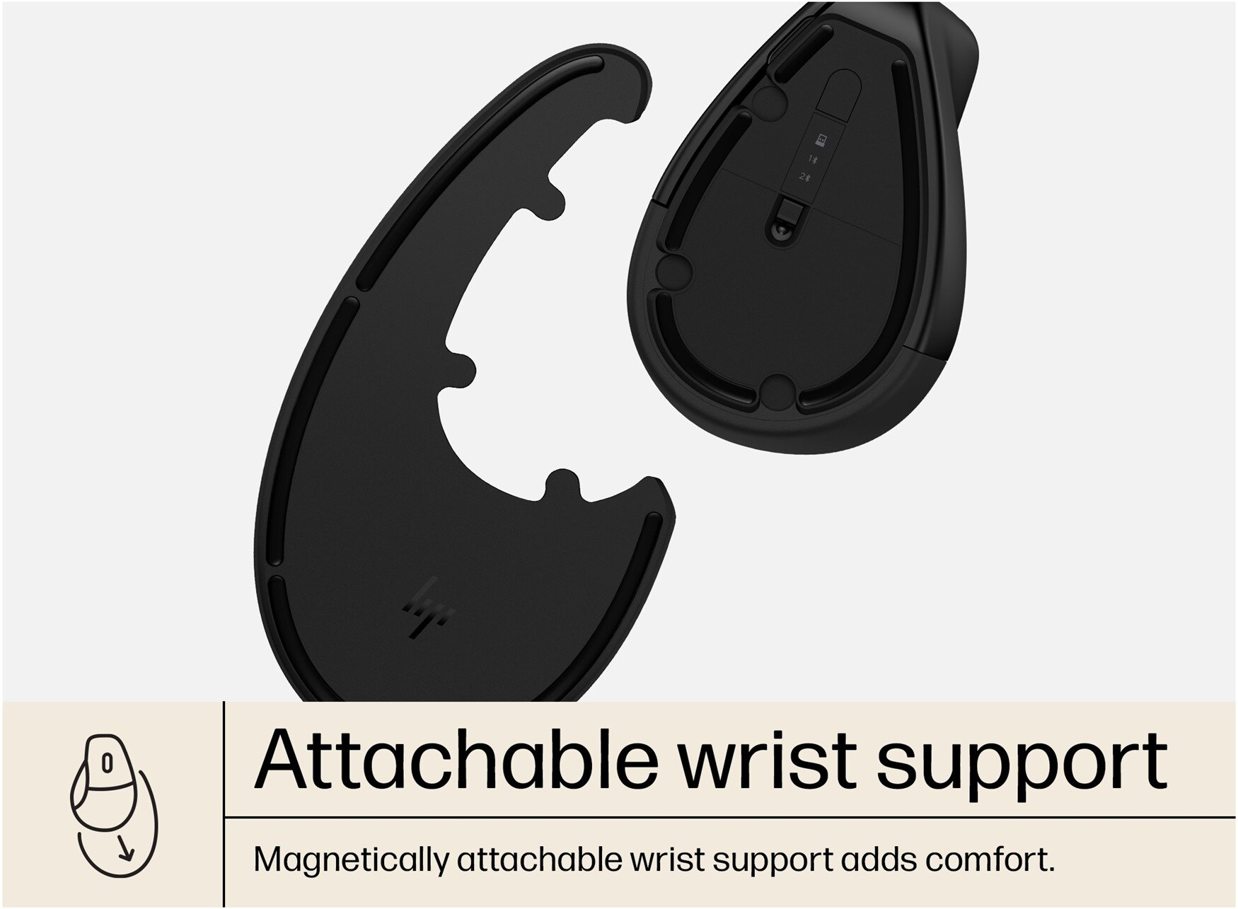 Schwarze ergonomische Maus mit abnehmbarer Handgelenkstütze.