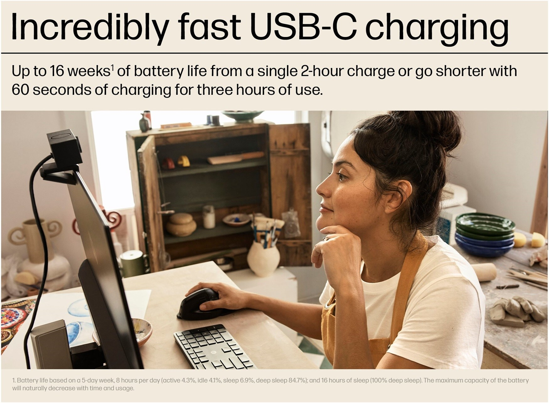 Frau arbeitet am Computer mit Text über schnelles USB-C-Laden und Akkulaufzeit.