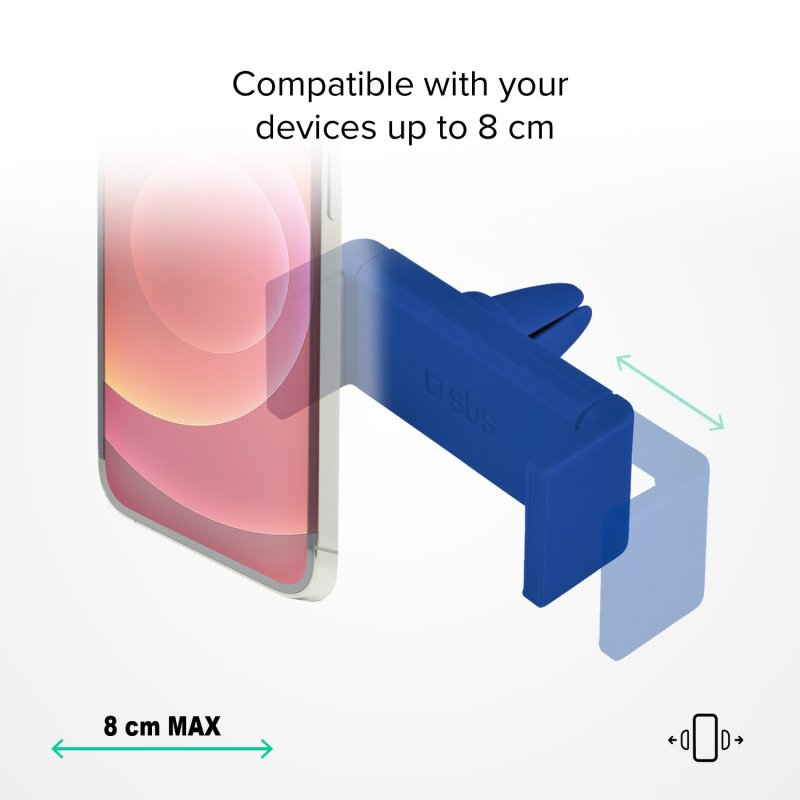 Ein blauer Telefonhalter, der an einem Telefon befestigt ist, und der Text "8 cm MAX".