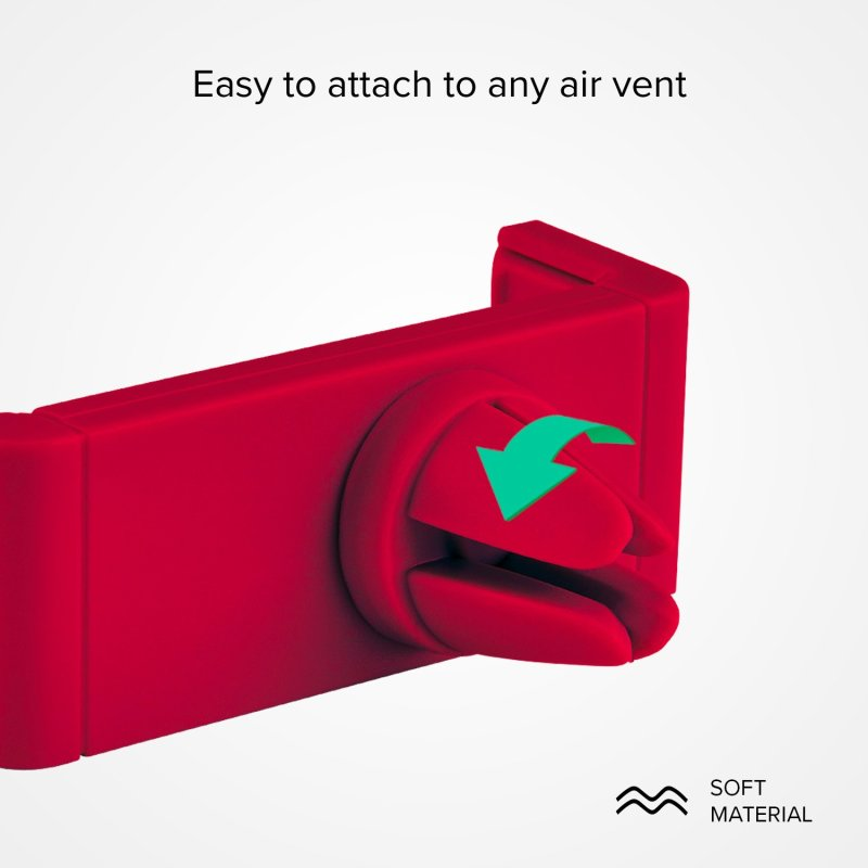 Ein roter Autolüftungs-Telefonhalter mit einem grünen Pfeil und den Worten 'WEICHES MATERIAL'.