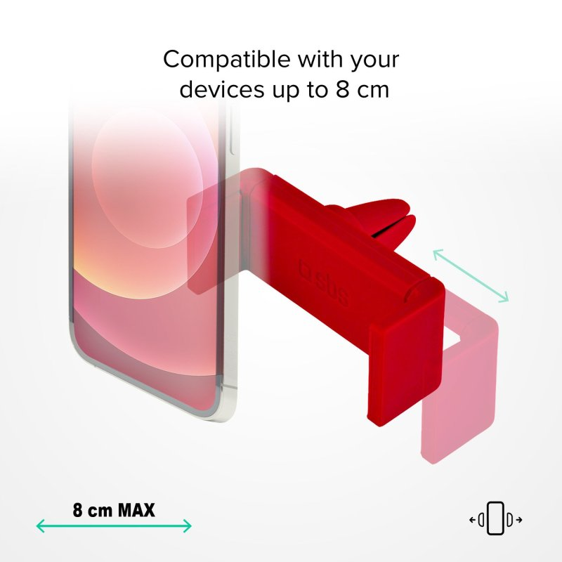 Ein roter Telefonhalter ist an einem Telefon und einer Lüftungsöffnung im Auto befestigt. Das Telefon ist sichtbar.