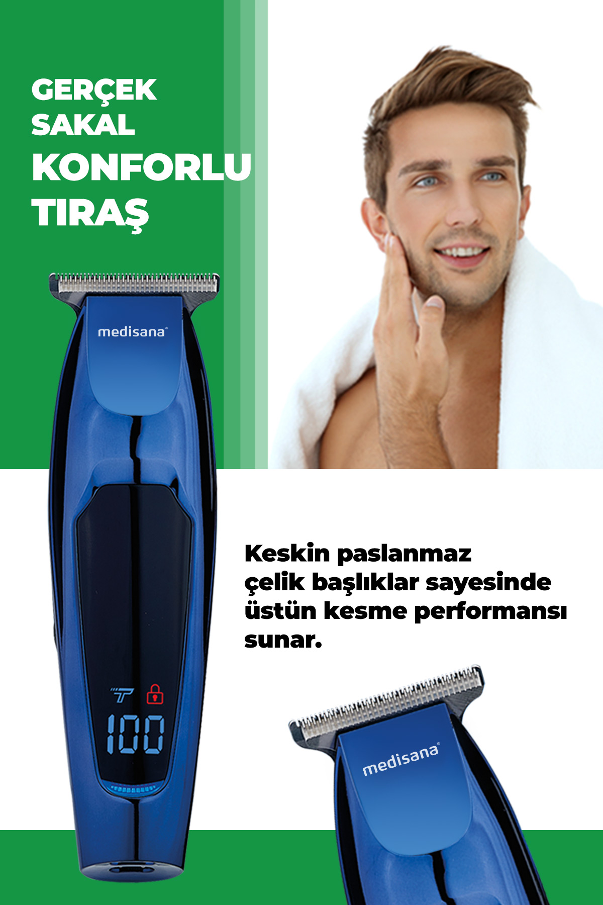 Mavi bir elektrikli tıraş makinesiyle tıraş olan bir adamın yakın çekimi. Reklam için metin ve görsel.
