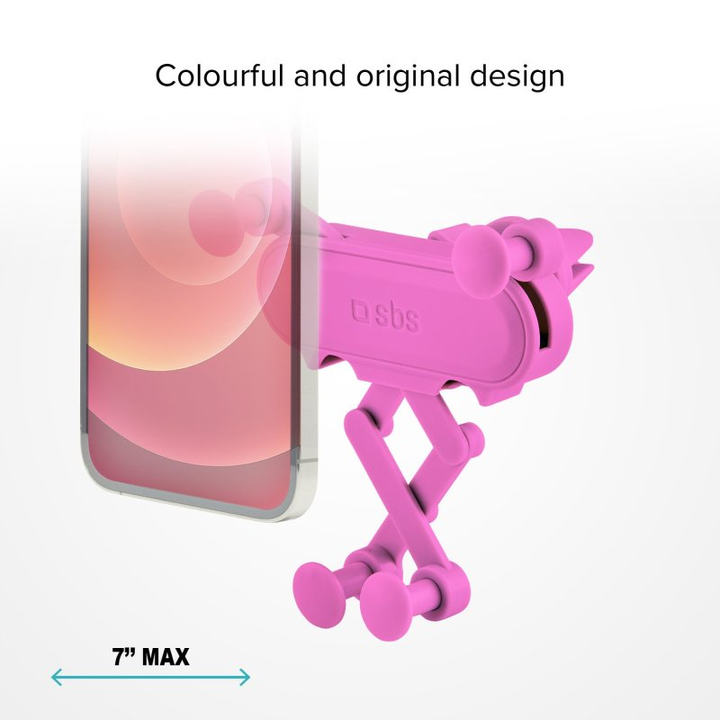 Pinkfarbener Telefonhalter, der ein Telefon hält. 'sbs' steht auf dem Halter.