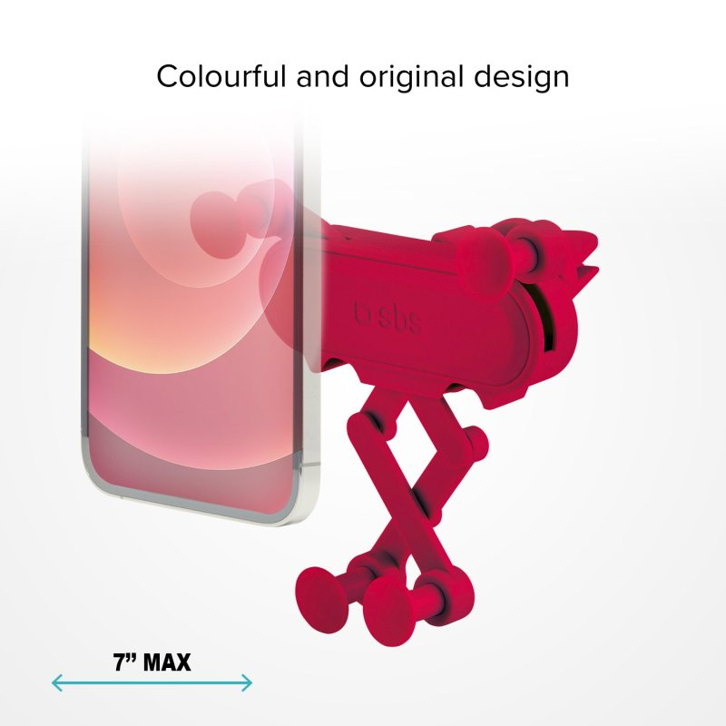 Roter Telefonhalter an einem Telefon befestigt, mit weißem Hintergrund.