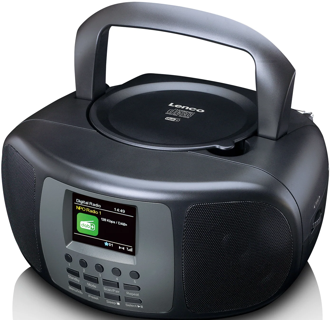 Lecteur CD portable noir avec poignée, écran et boutons. Sur fond blanc.