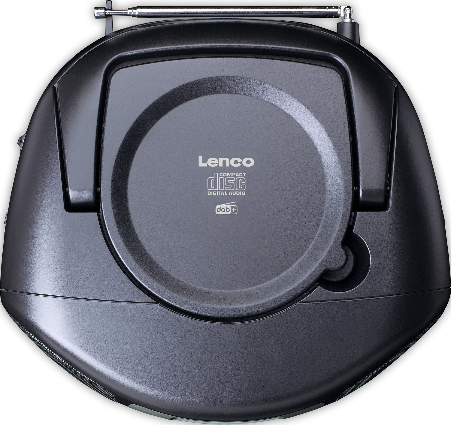 Lecteur CD Lenco noir avec antenne sur fond blanc.