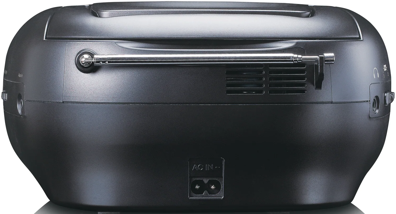 Vue arrière d'un boombox noir avec antenne et entrée AC.