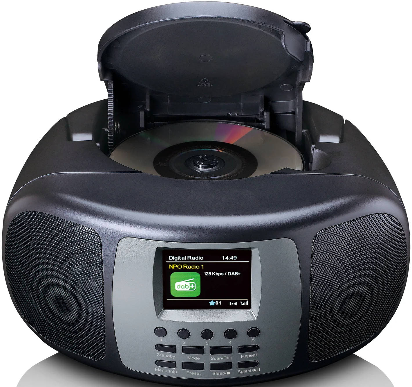 Un lecteur CD noir avec le dessus ouvert, révélant un CD et un écran de radio numérique.