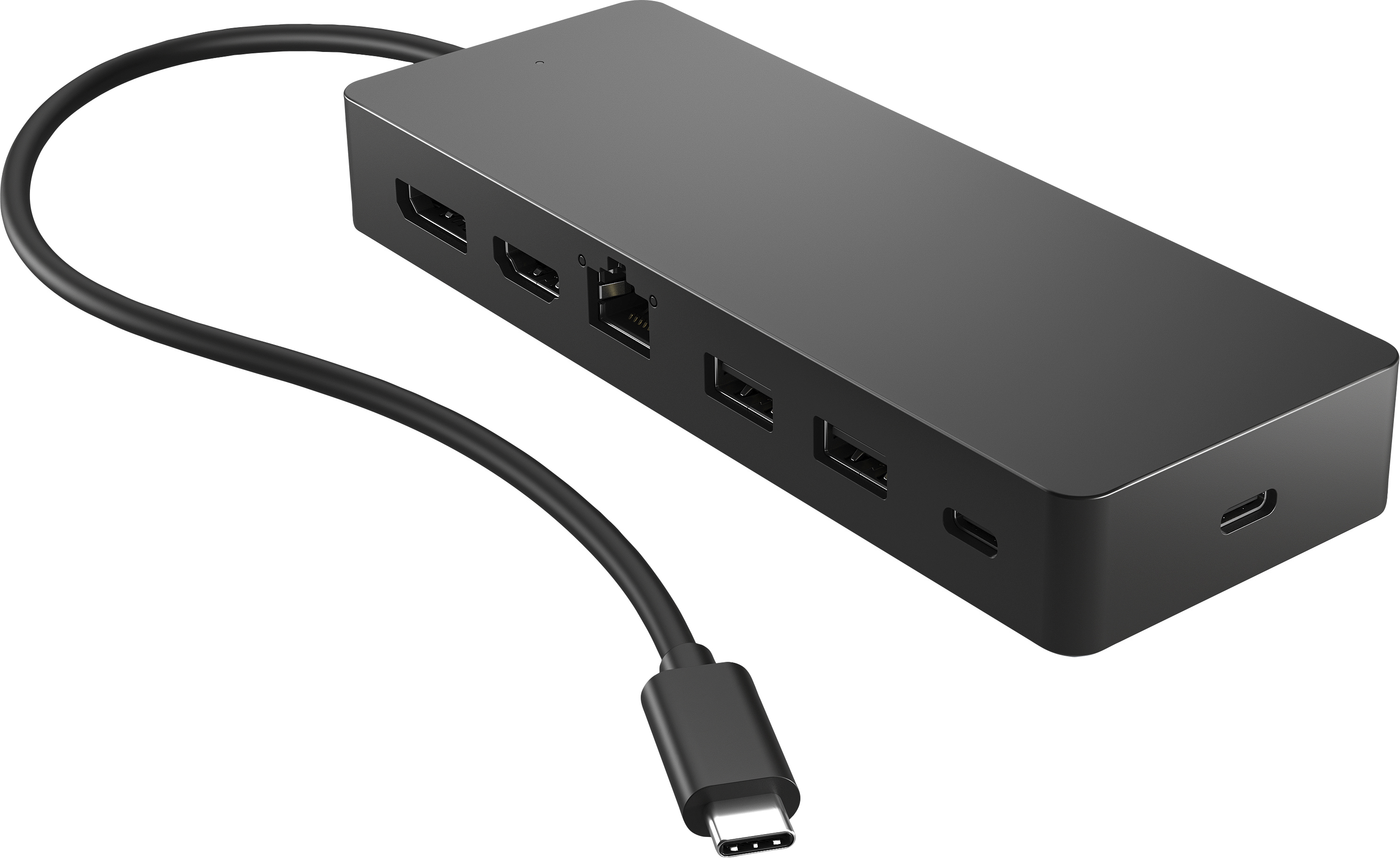 Hub noir avec plusieurs ports et un câble USB-C connecté. Ports incluent HDMI, Ethernet et USB.