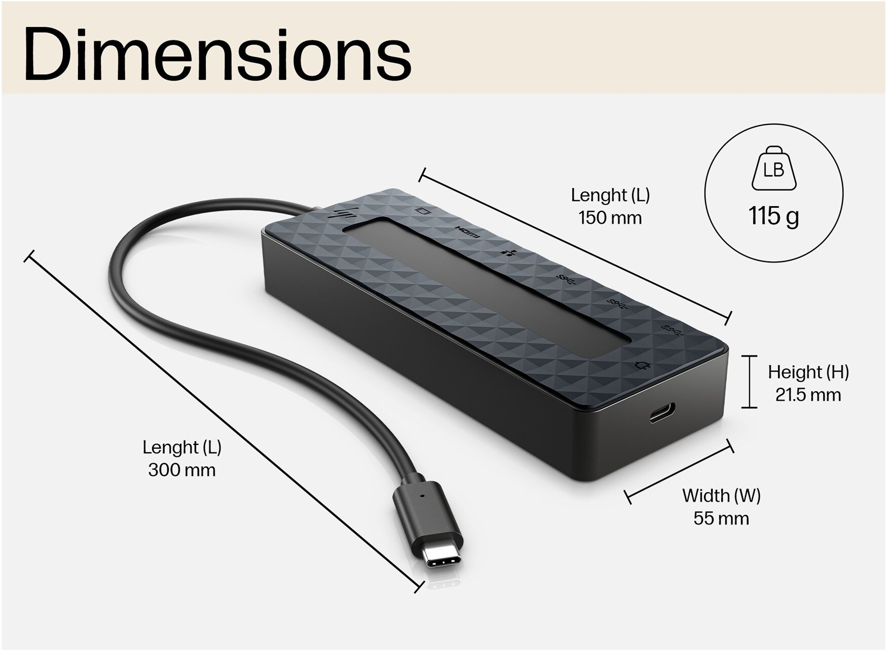 Un hub USB-C noir avec des dimensions, indiquant la longueur et le poids.