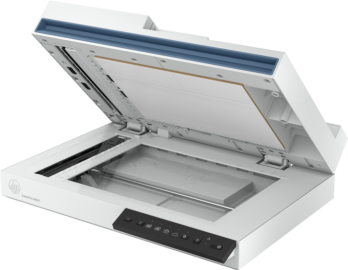 Beyaz HP ScanJet Pro 2600 f1 tarayıcı, kapak açık. Kontrol paneli ve içindeki belge görülebilir.