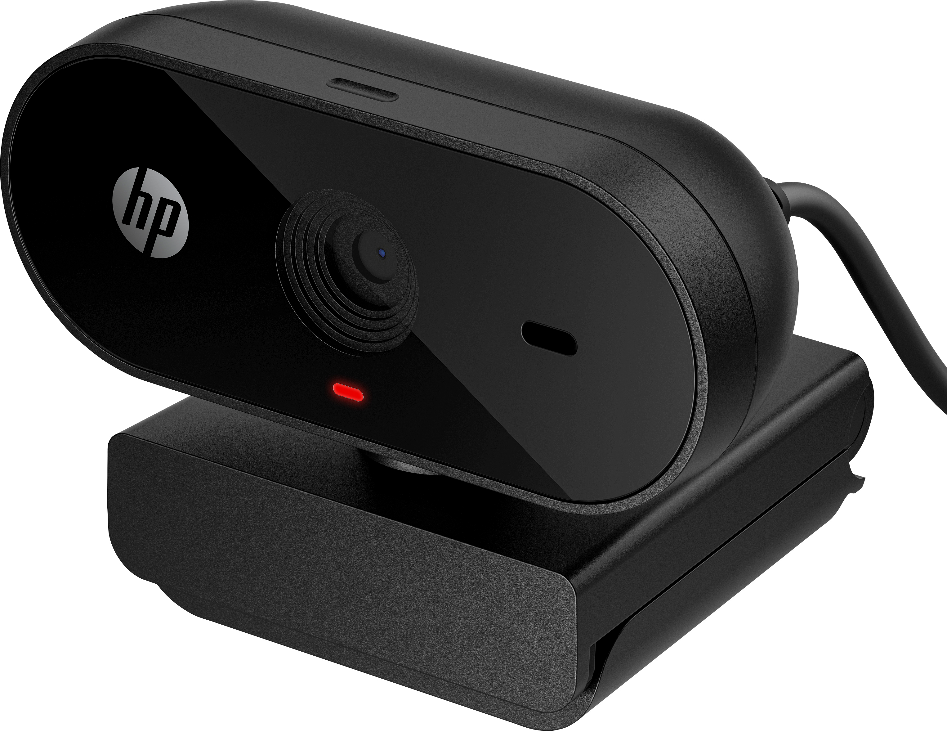 Webcam noire avec le logo HP. Lumière rouge allumée.