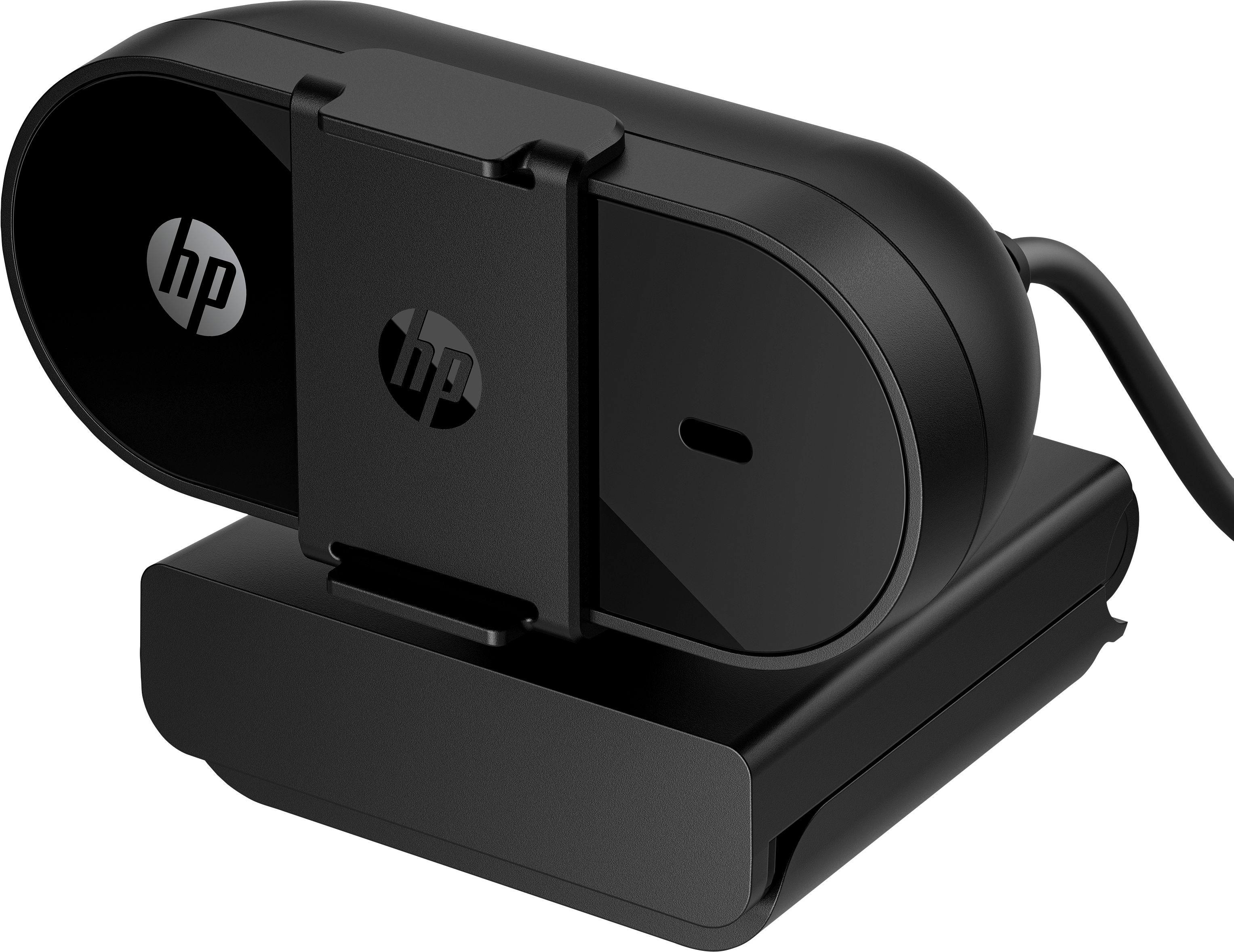 Webcam HP noire sur une base noire avec le logo HP.
