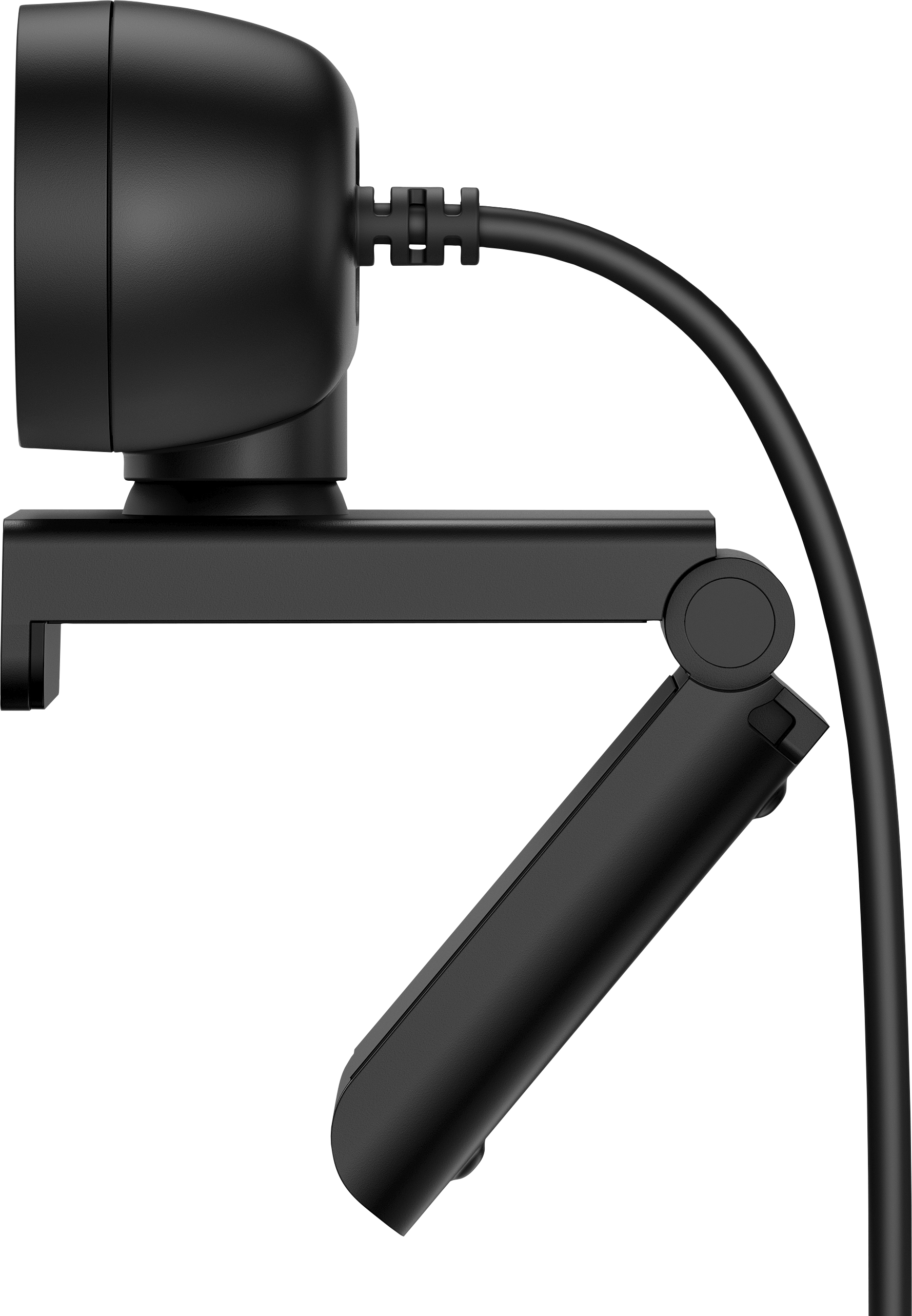 Vue latérale d'une webcam noire avec un câble et un support.