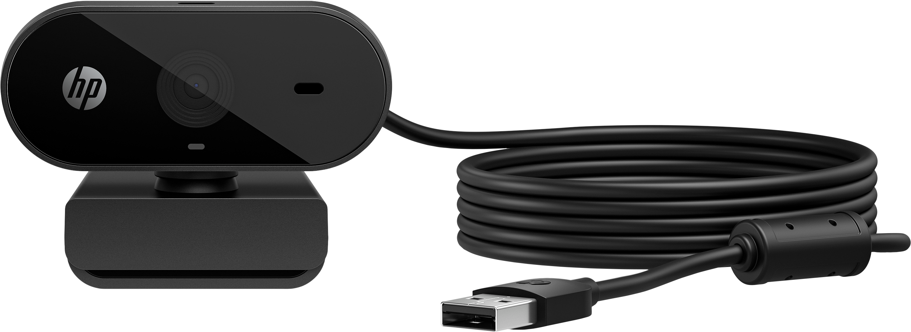 Une webcam noire avec un câble USB connecté.
