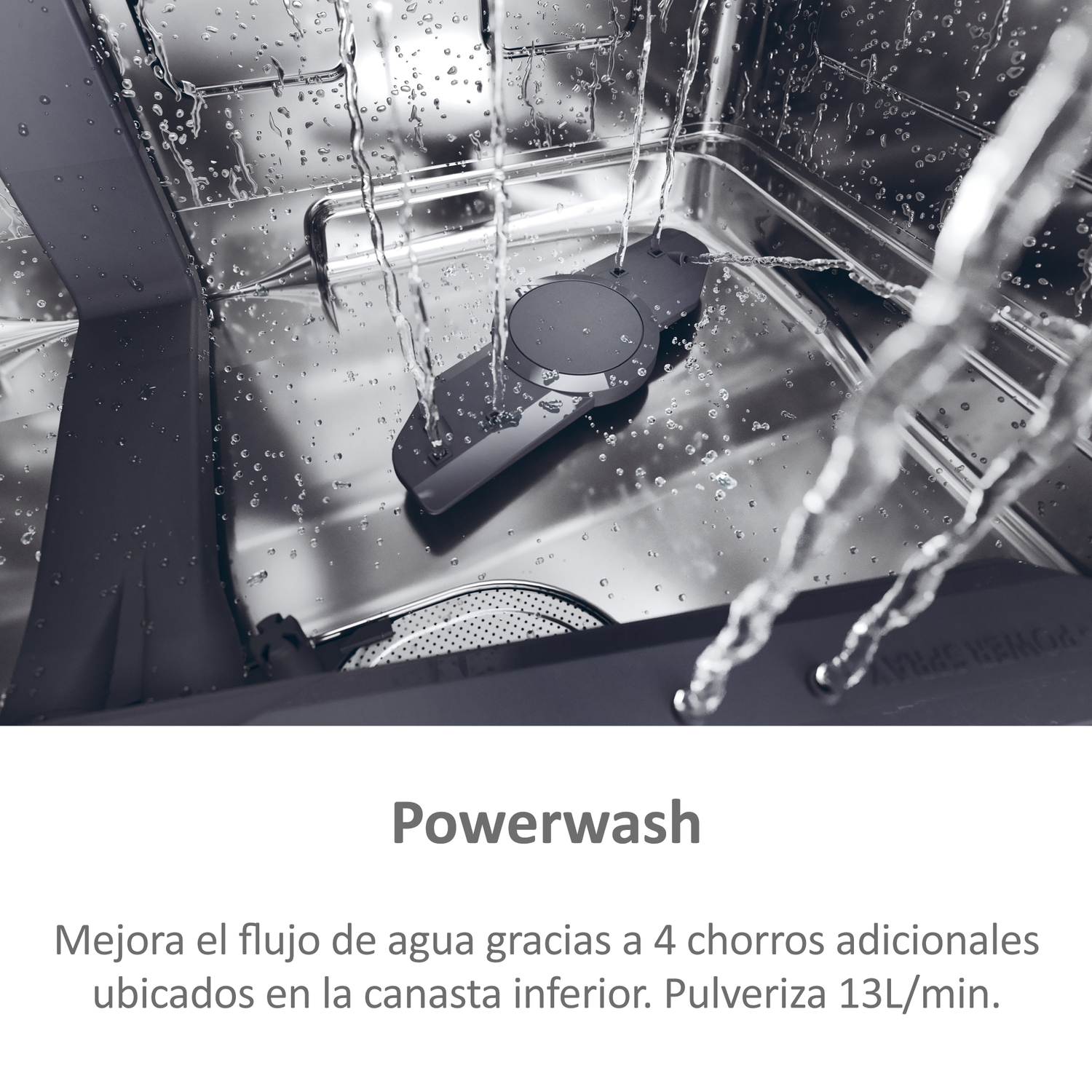 Interior lavavajillas con chorros de agua. Interior gris, agua fluye. Texto Powerwash abajo.