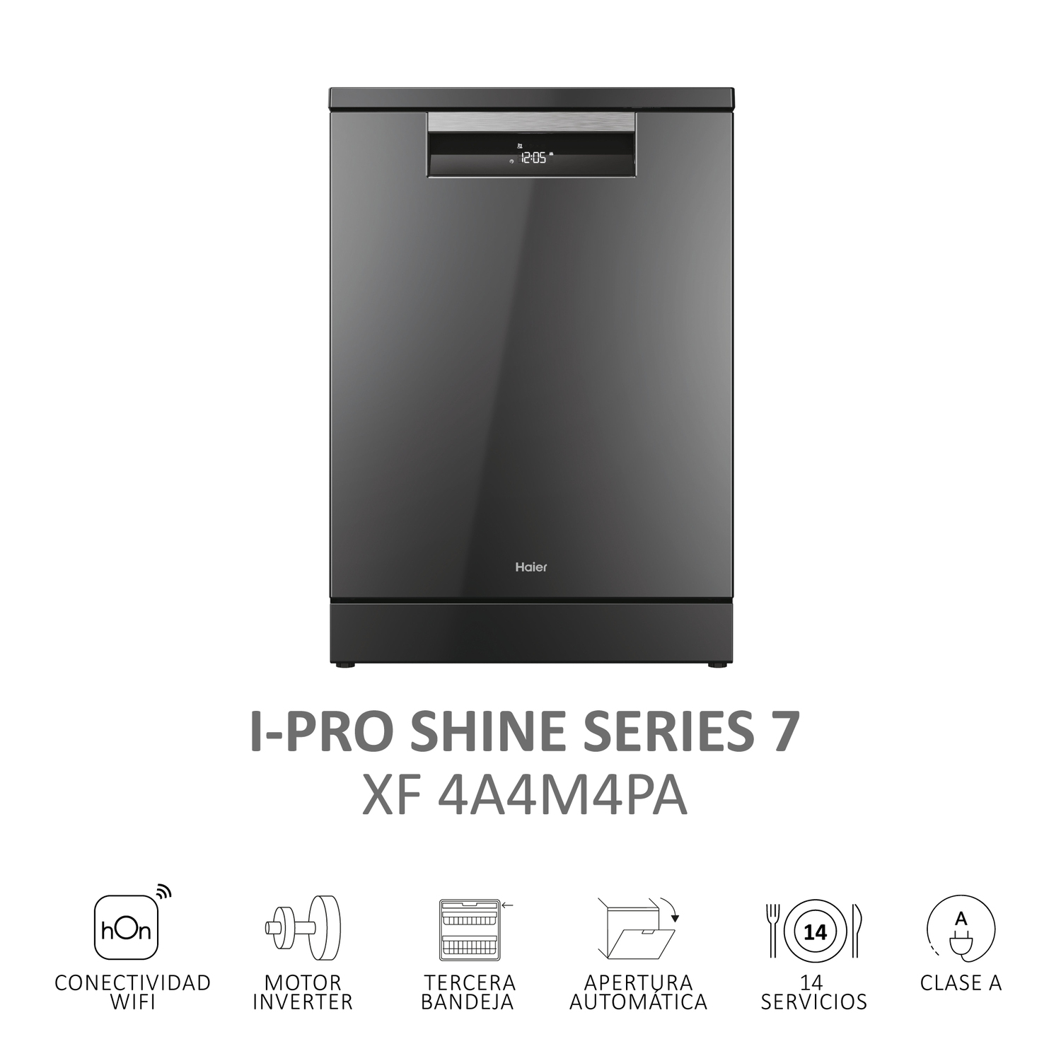 Lavavajillas negro con texto: I-PRO SHINE SERIES 7.  Iconos de funciones.