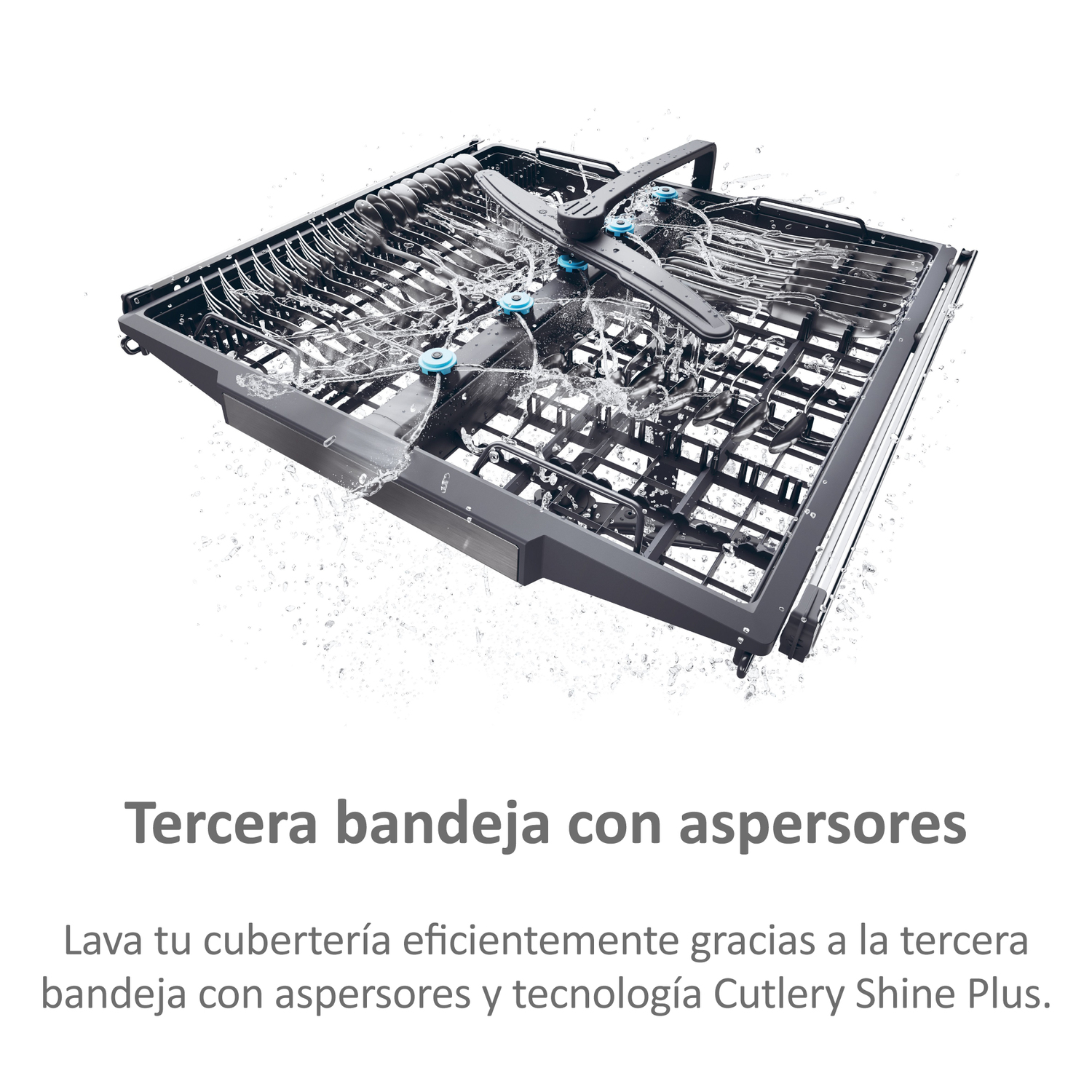Tercera bandeja del lavavajillas con aspersores. Texto en español.