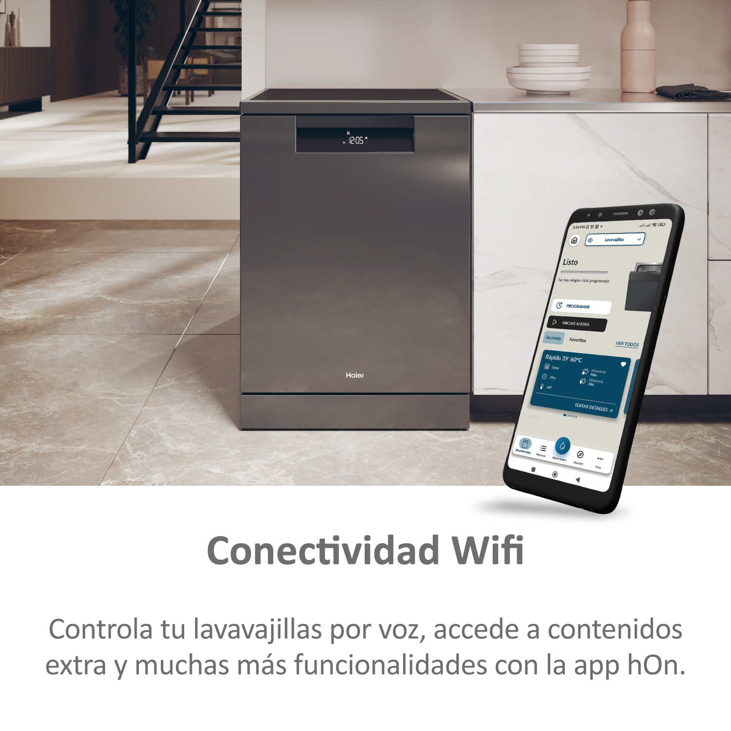 Un lavavajillas gris oscuro junto a un teléfono que muestra la aplicación.