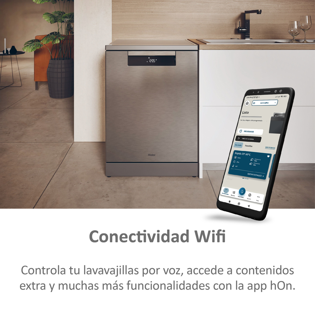 Un lavavajillas plateado con un teléfono que muestra una aplicación. El texto dice conectividad WiFi y funciones de la aplicación.