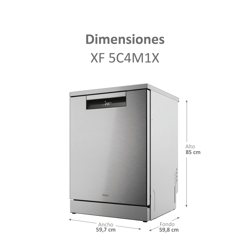 Un lavavajillas Haier de acero inoxidable con dimensiones: ancho 59,7 cm, fondo 59,8 cm, alto 85 cm.