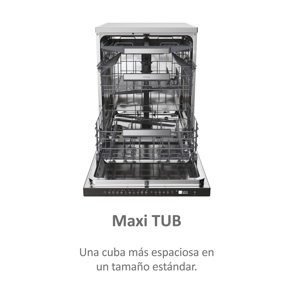 Un lavavajillas Haier con la puerta abierta, mostrando los estantes interiores. Texto abajo: Maxi TUB.