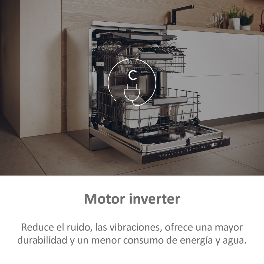 Un lavavajillas con la puerta abierta, con un icono que ilustra el motor.