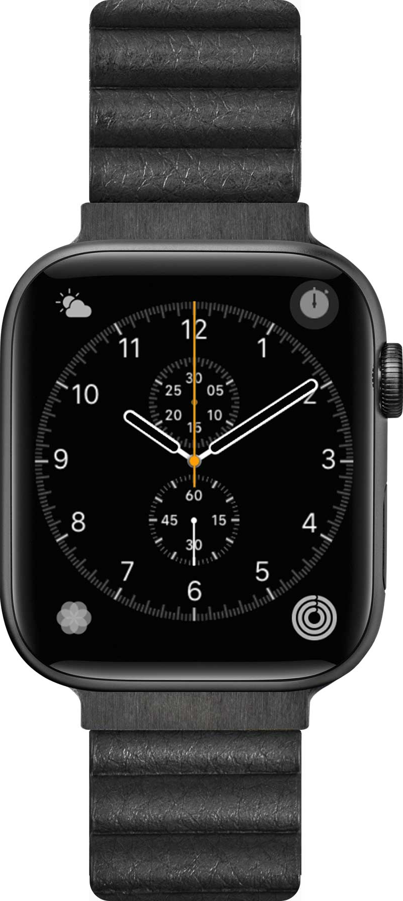 Une Apple Watch avec un bracelet noir et un cadran noir indiquant l'heure.