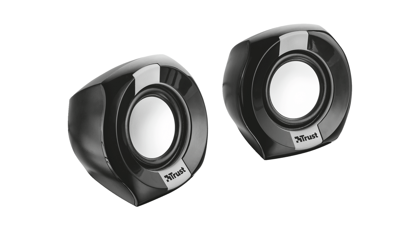 Dos altavoces negros y plateados con la palabra 'Trust'.