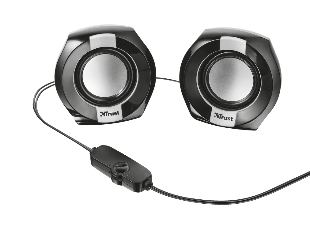 Dos altavoces de computadora negros con conos de altavoz plateados y un control de volumen.
