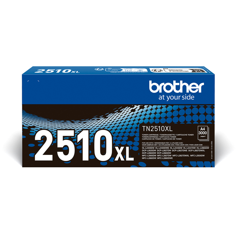 Caja de cartucho de tóner Brother TN2510XL. Es azul y blanco, con detalles del producto y un logotipo.