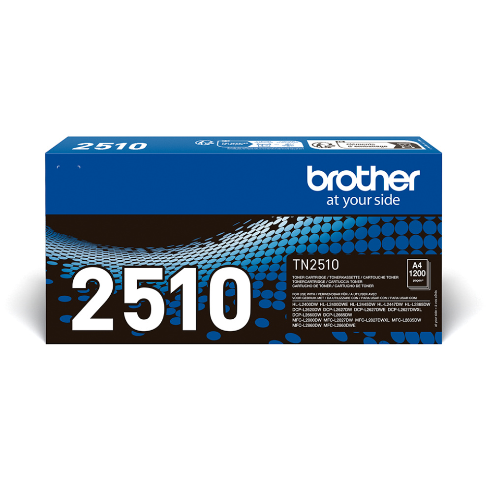 Caja de cartucho de tóner Brother TN2510. Fondo blanco con diseño azul y blanco.