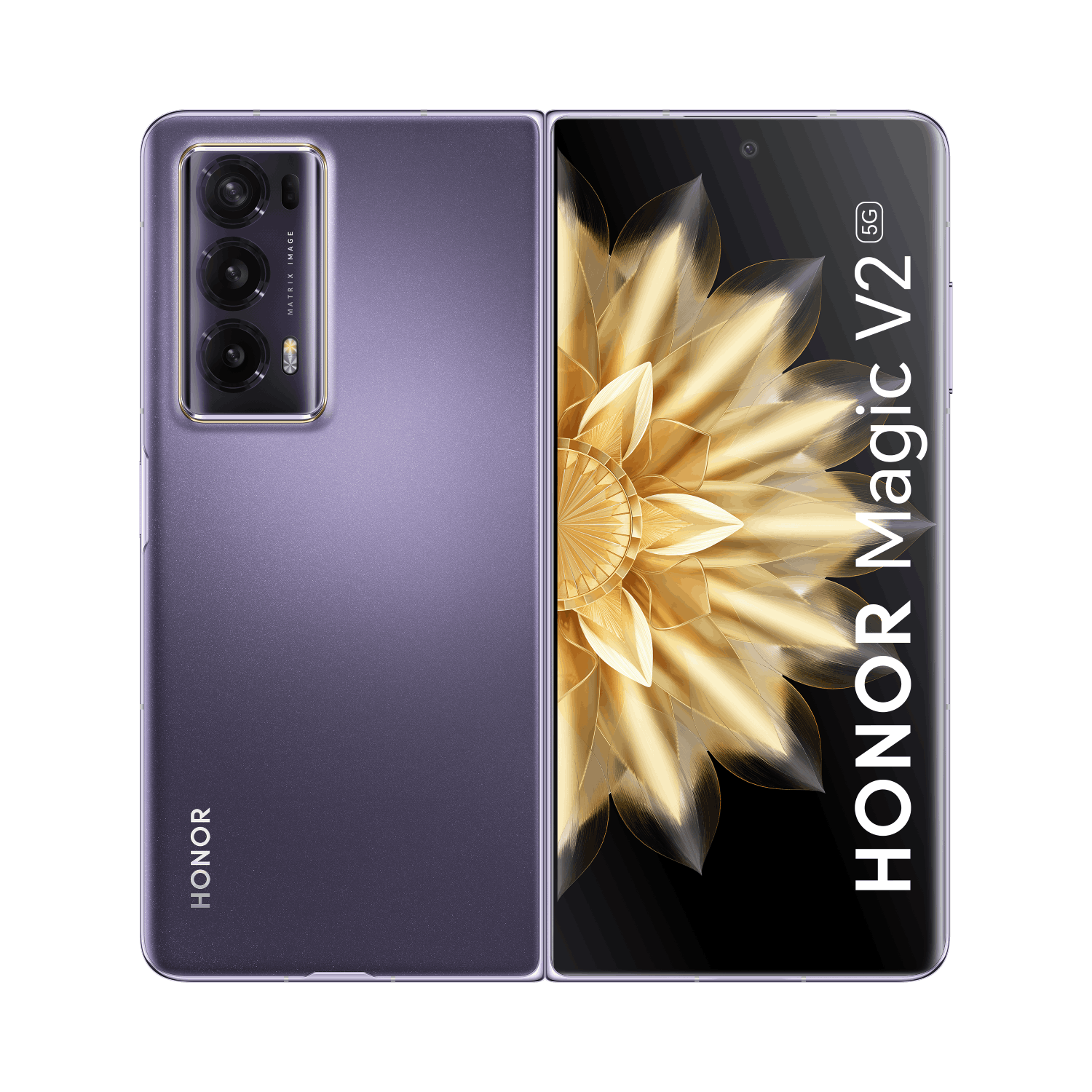 Teléfono plegable HONOR Magic V2 5G púrpura, abierto para mostrar una pantalla floral.