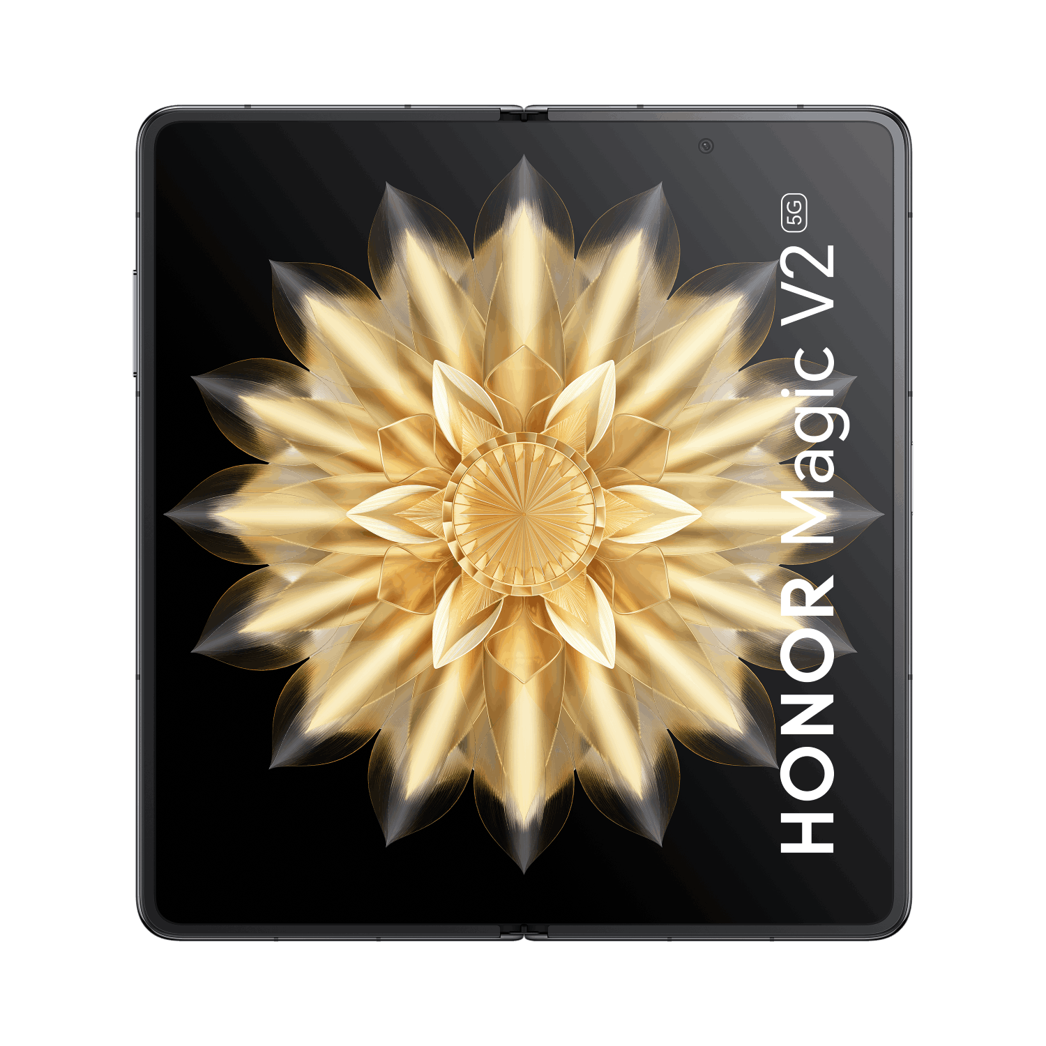 Un teléfono negro plegado con diseño floral dorado en la pantalla, con texto HONOR Magic V2 5G.